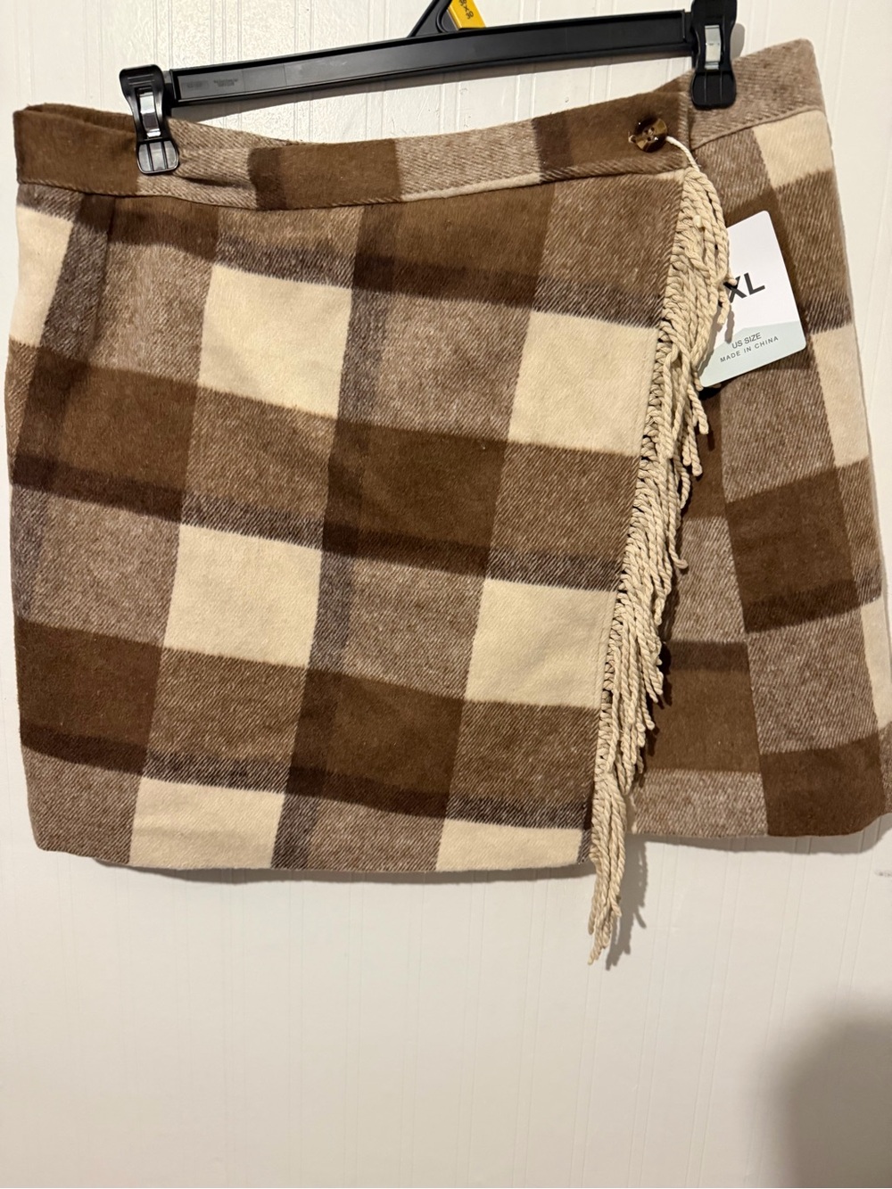 Women’s Fringed Plaid Mini Skirt - Brown & Cream NWT XXL